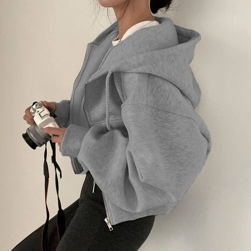 Cropped Cotton Feel Zip Front Hooded Sweatshirt 