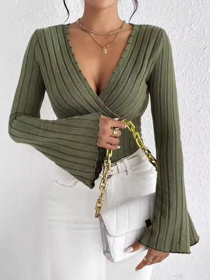 Women’s Knitted Pullover Top – Slim Fit – Ribbed Texture – Deep V-Neck – Long Sleeve