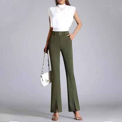 Women’s Flared Trousers – High Waist – Slim Fit – Front Slits – Integrated Belt