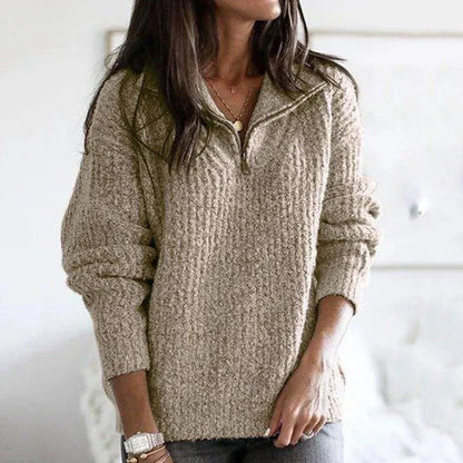 Women’s Half-Zip Sweatshirt – Relaxed Fit – Chunky Knit – Soft Wool Blend – Hip Length