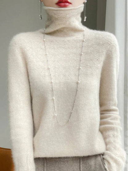 Women’s Turtleneck Sweater – Slim Fit – Wool Blend – Geometric Hollow Knit