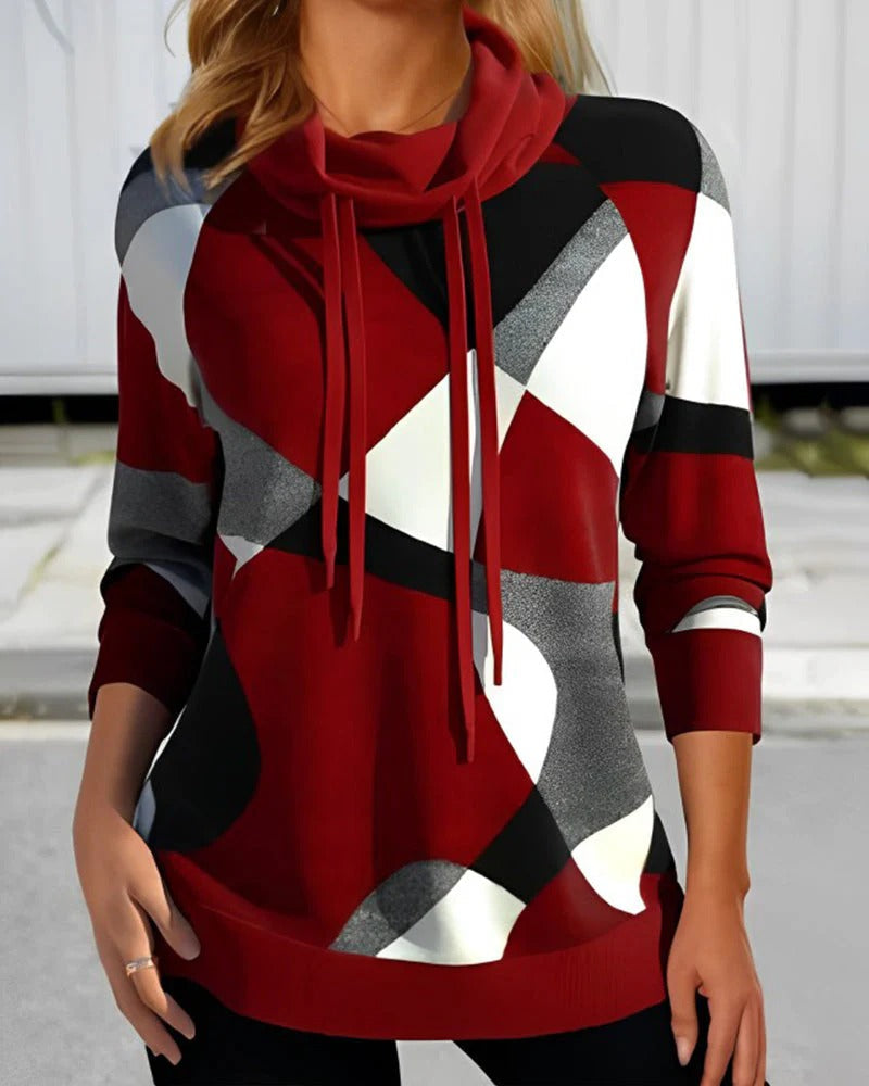 Soft Knit Cowl Neck Geometric Print Sweatshirt