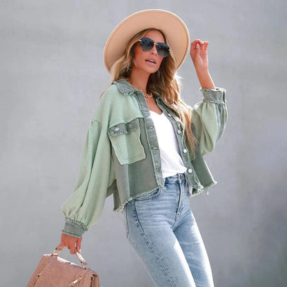 Women’s Jacket – Waffle Knit – Relaxed Fit – Balloon Sleeves – Cropped with Fringe