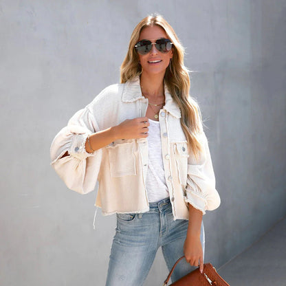 Women’s Jacket – Waffle Knit – Relaxed Fit – Balloon Sleeves – Cropped with Fringe