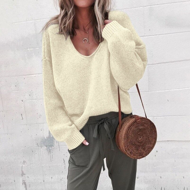 Women’s Sweater – Wool Knit – Relaxed Fit – Deep V-Neck – Long Sleeve Casual Style