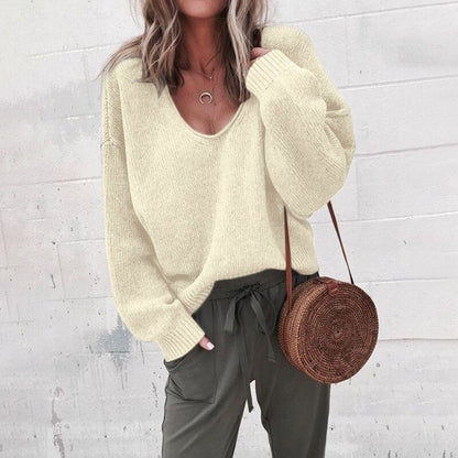 Women’s Sweater – Wool Knit – Relaxed Fit – Deep V-Neck – Long Sleeve Casual Style