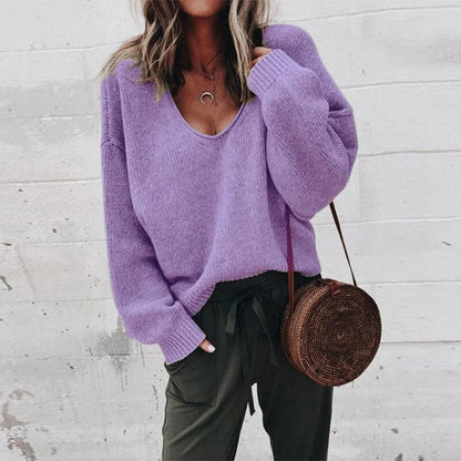 Women’s Sweater – Wool Knit – Relaxed Fit – Deep V-Neck – Long Sleeve Casual Style