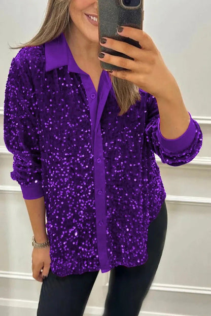Women’s Sequin Shirt – Relaxed Fit – Button-Up – Long Sleeve Party Wear