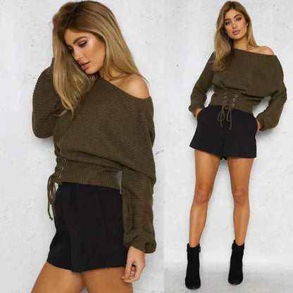Women’s Knitted Sweater – Off Shoulder – Tie Waist – Relaxed Fit – Long Sleeve Warm Knit