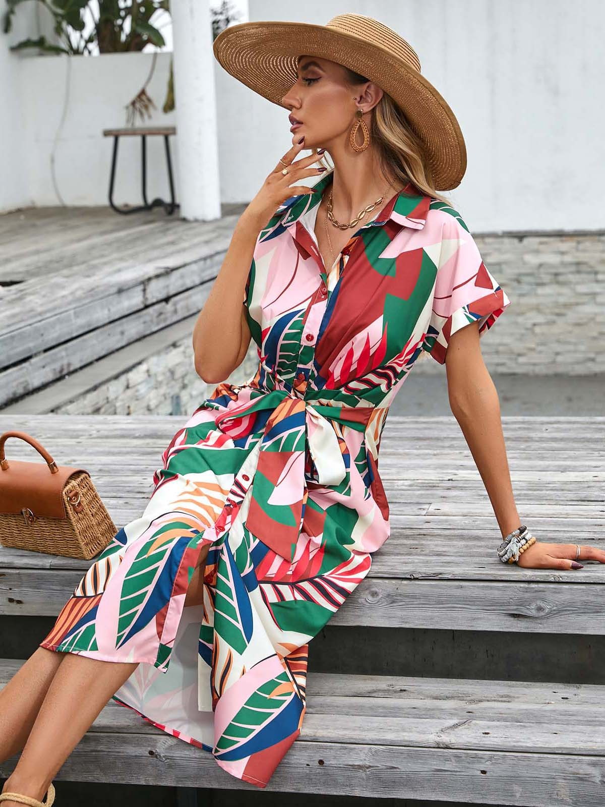 Women’s Midi Dress – Cotton Blend – Shirt Style – Belted Waist – Button Down – Short Sleeve