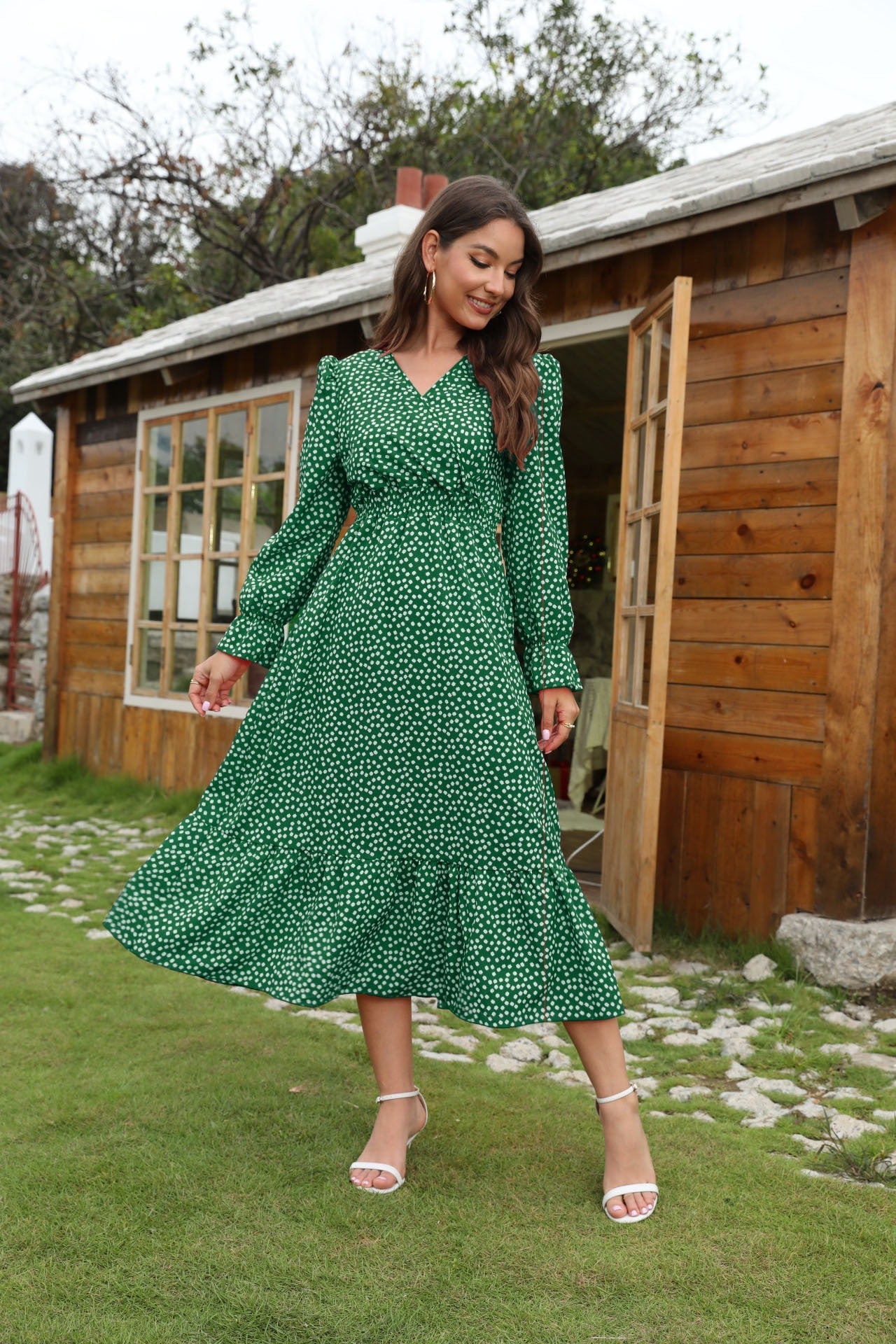 Polka Dot Flared V-Neck Midi Dress 