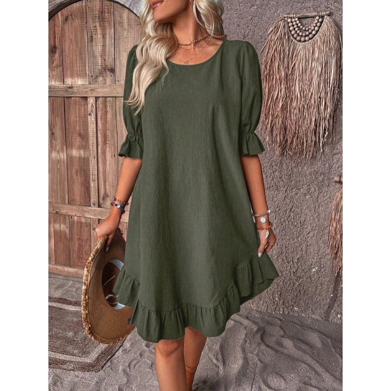 Linen Ruffle Trim A-Line Knee Length Dress 