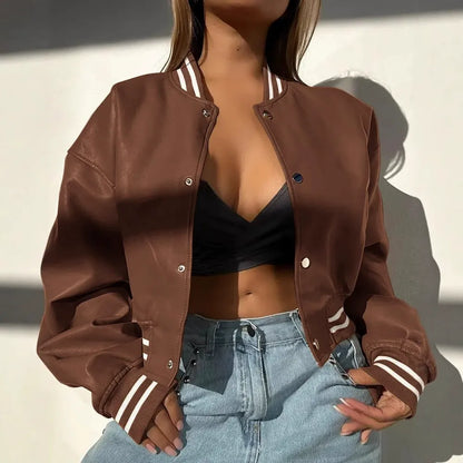 Women’s Leather Jacket – Cropped Structured Fit – Snap Closure – Ribbed Trim Bomber Style