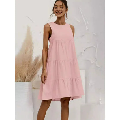 Women’s Sleeveless Midi Dress – Cotton Linen – Loose Fit – Tiered Ruffle Design