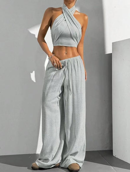 Women’s Matching Set – Halter Wrap Crop Top – Wide Leg Pants – Cotton Blend