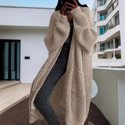 Women’s Cardigan – Chunky Knit – Oversized Fit – Maxi Length – Open Front with Pockets