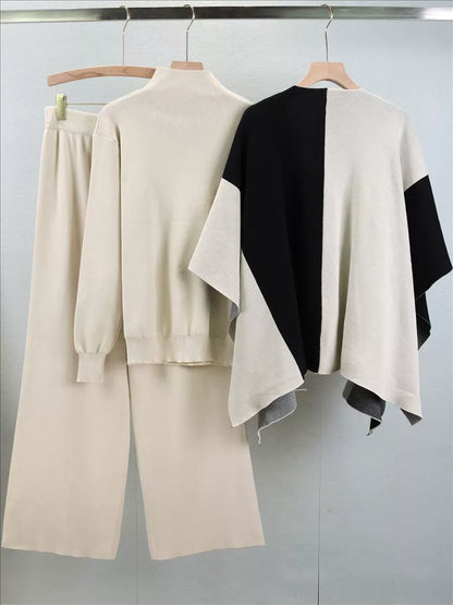 Women’s Knitted Three-Piece Set – Mock Neck Sweater – Wide-Leg Pants – Cape Layer