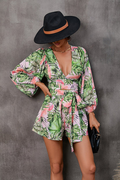 Women’s Jumpsuit – Relaxed Fit – V-Neck – Long Sleeve – Tie Waist – Floral Chain Print