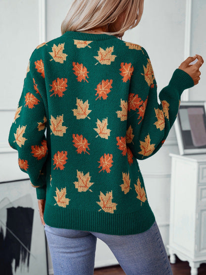 Women’s Sweatshirt – Relaxed Fit – Knit Jacquard Maple Leaf Pattern – Ribbed Trim