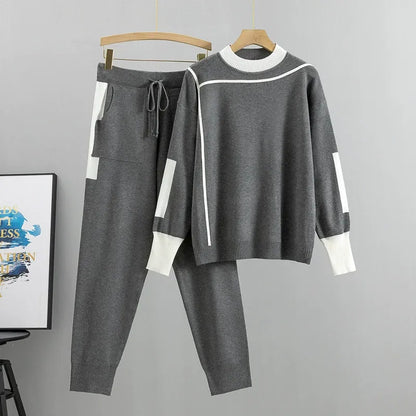 Women’s Knitted Two-Piece Set – Relaxed Fit – Mock Neck Top – Drawstring Pants – Ribbed Hems