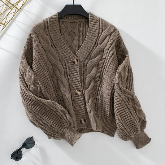 Cable Knit Relaxed Fit Wool Cardigan Sweater 