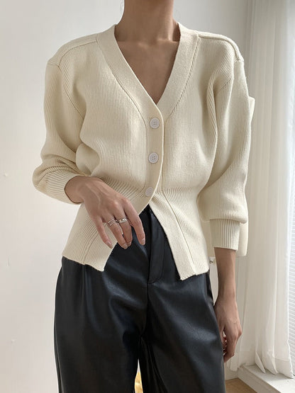 Women’s V-neck Cardigan – Ribbed Knit – Loose Fit – Waist Cinch – 3/4 Sleeve Buttons