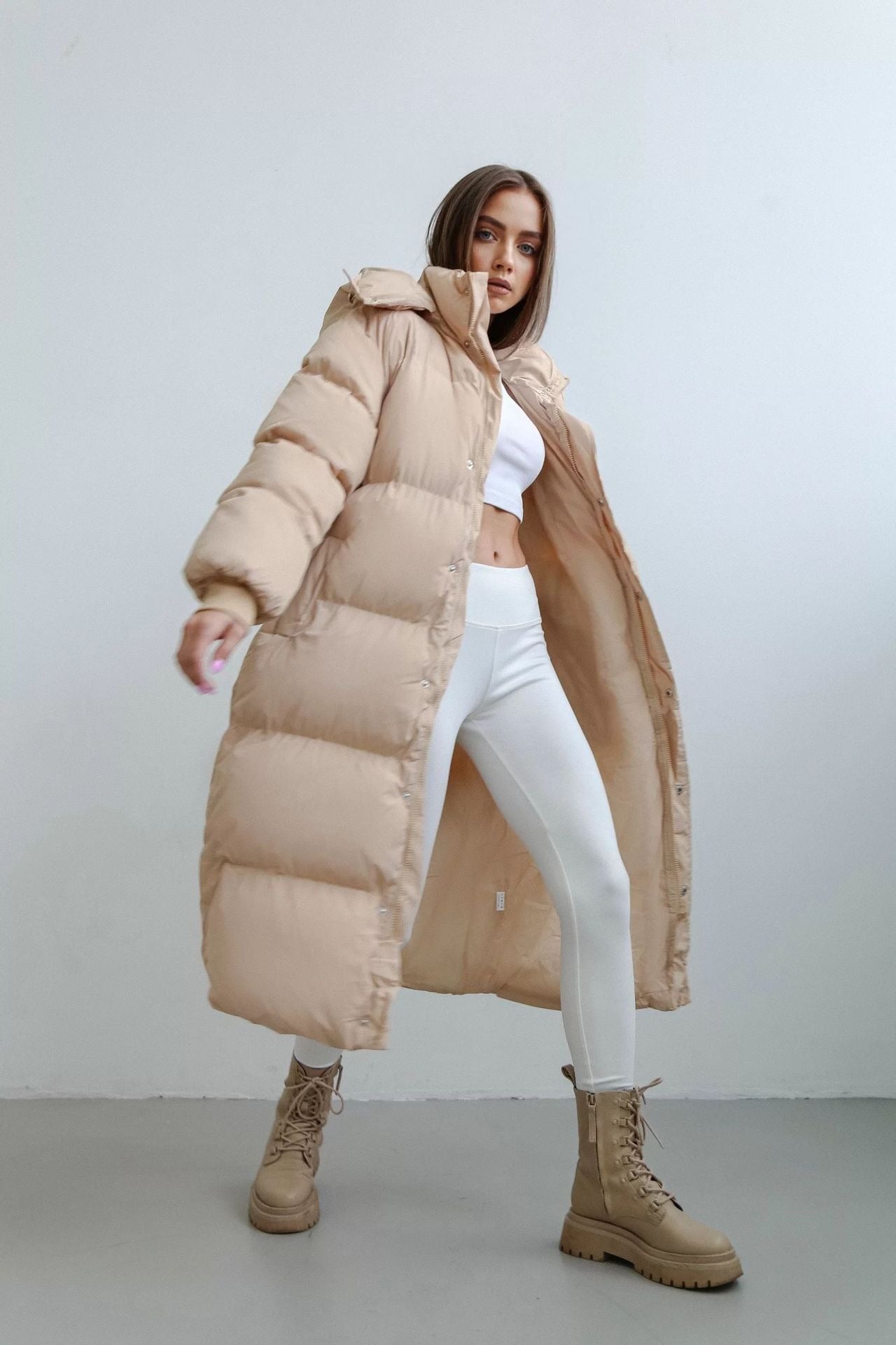 Women’s Long Puffer Trench Coat – Oversized Fit – Quilted Insulated – Hooded Zip Front