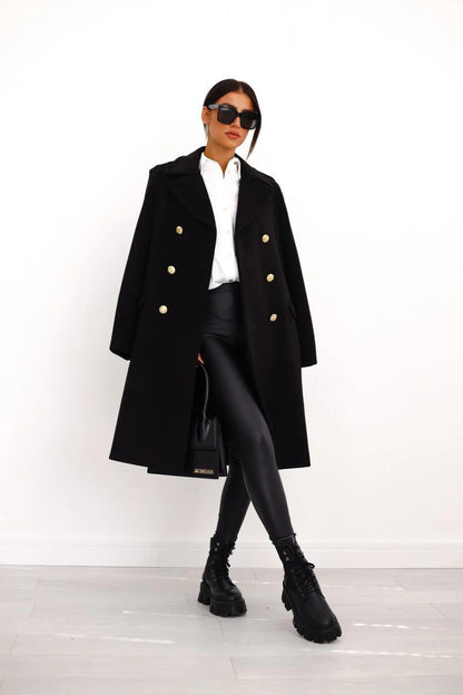 Women’s Long Coat – Wool Blend – Tailored Fit – Double-Breasted – Notched Lapel