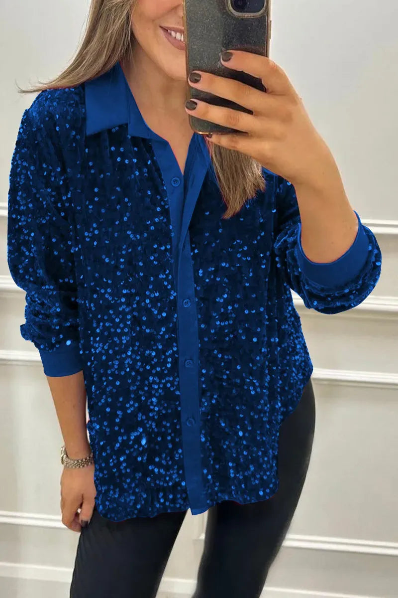 Sequin Relaxed Fit Button-Up Long Sleeve Shirt 