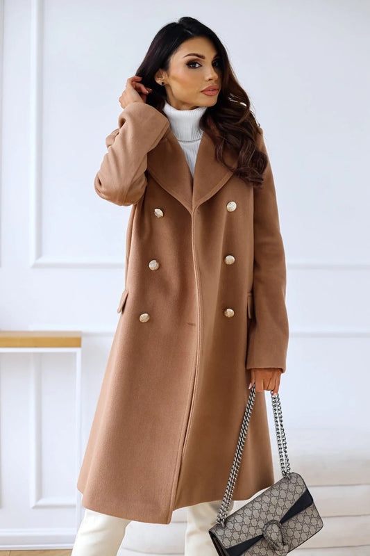 Wool Blend Tailored Double-Breasted Long Coat 