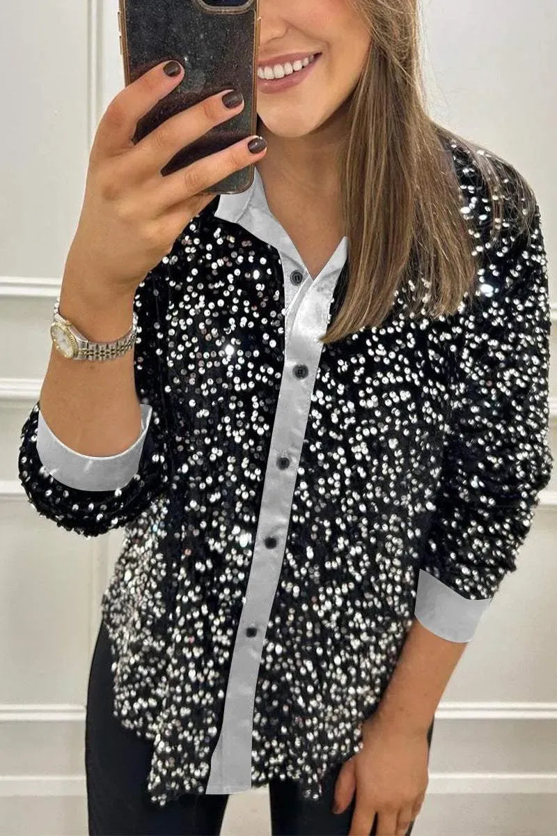 Women’s Sequin Shirt – Relaxed Fit – Button-Up – Long Sleeve Party Wear