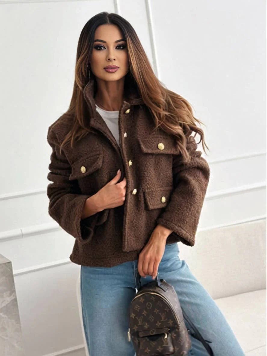 Women’s Jacket - Bouclé Knit - Relaxed Fit - Cropped Hip Length - Metallic Buttons