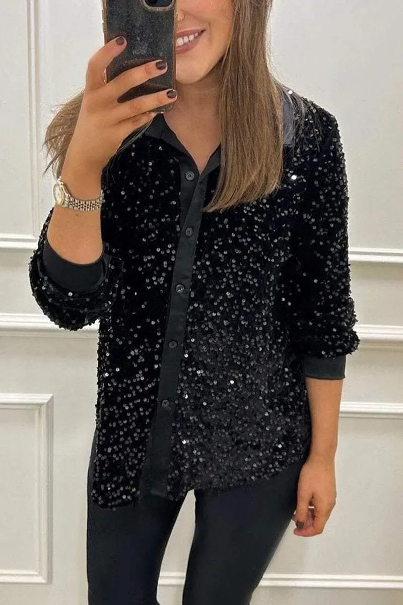 Sequin Relaxed Fit Button-Up Long Sleeve Shirt 