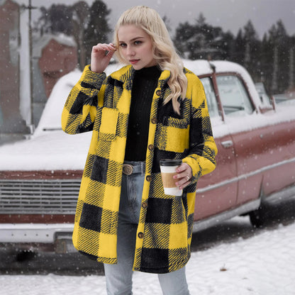 Women’s Cardigan – Fuzzy Brushed Fabric – Oversized Fit – Plaid Button-Down Mid-Length