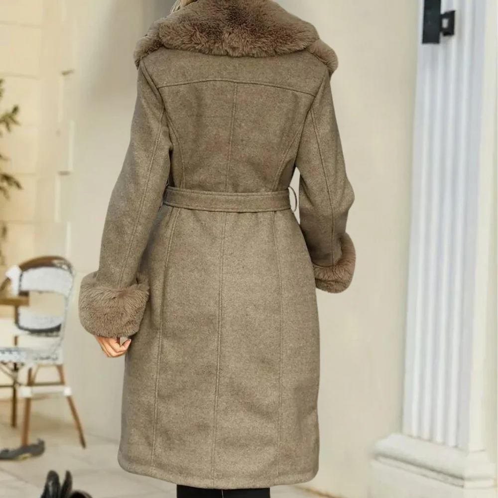 Faux Fur Trim Relaxed Wool Blend Trench Coat 