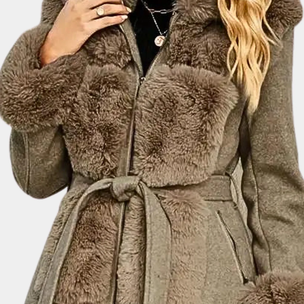 Faux Fur Trim Relaxed Wool Blend Trench Coat 