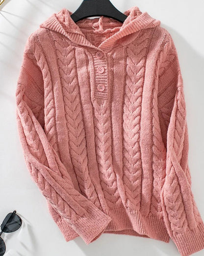 Women’s Knitted Top – Relaxed Fit – Cable Knit Texture – Henley Button Placket – Long Sleeve