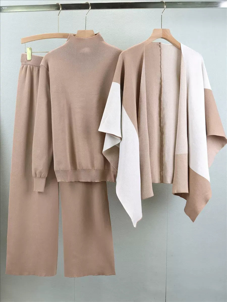 Knitted Three-Piece Set with Wide-Leg Pants 