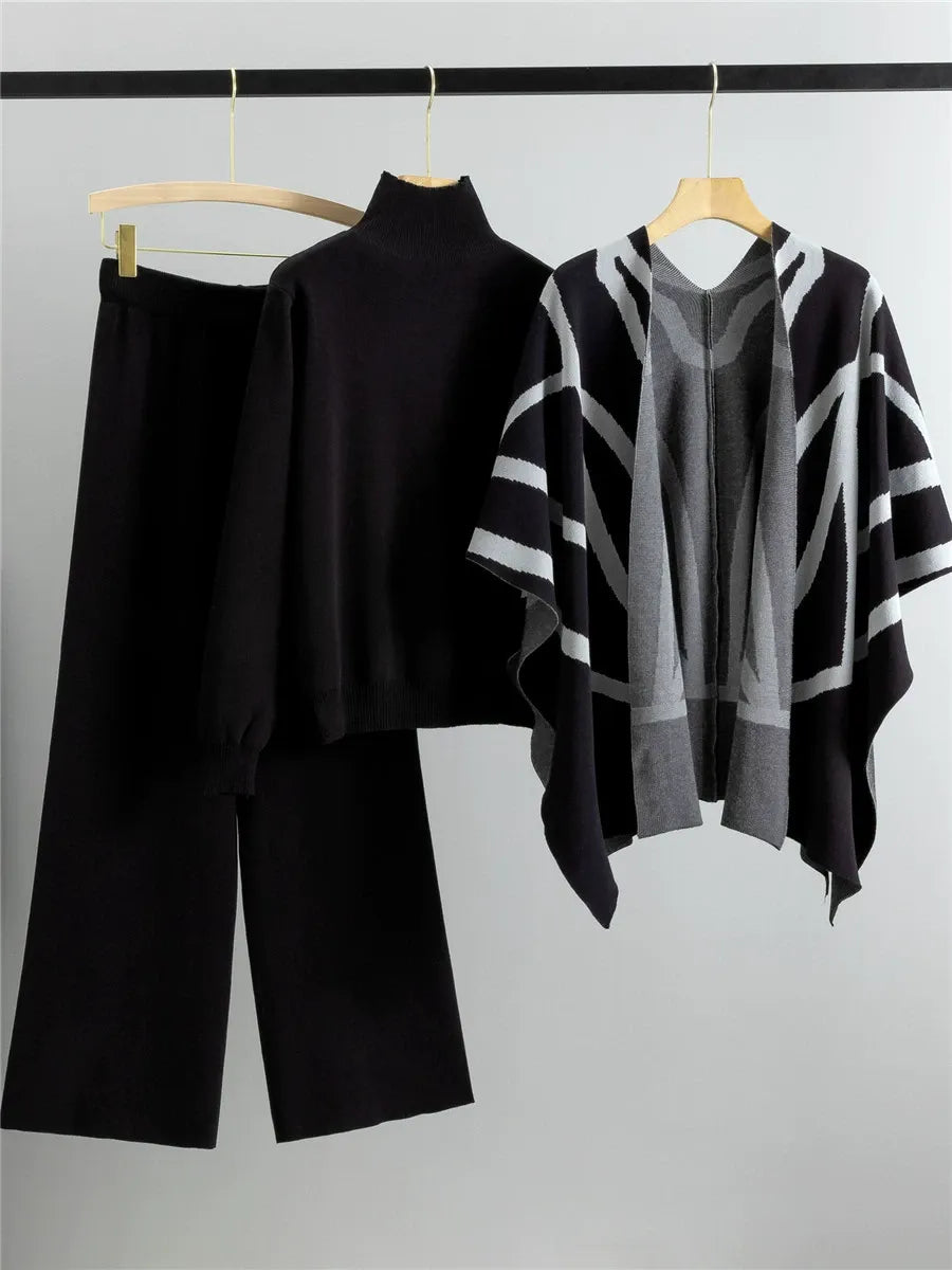 Three-Piece Geometric Knitted Relaxed Open Front Shawl Cape 