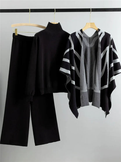 Women’s Three-Piece Shawl Cape – Knitted Fabric – Geometric Pattern – Relaxed Open Front Fit