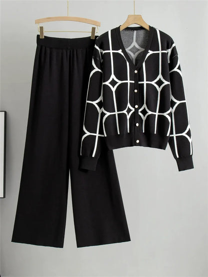 Women’s Two-Piece Knitted Set – V-Neck Cardigan – Geometric Pattern – Wide-Leg Pants