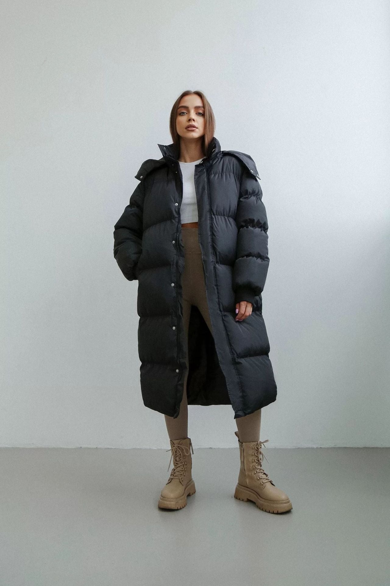 Women’s Long Puffer Trench Coat – Oversized Fit – Quilted Insulated – Hooded Zip Front