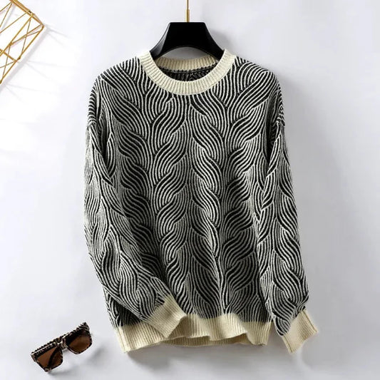 Striped Wool Knit Loose Fit Pullover Sweater 