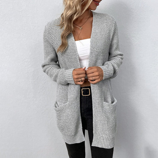 Waffle Knit Relaxed Fit Long Sleeve Cardigan 