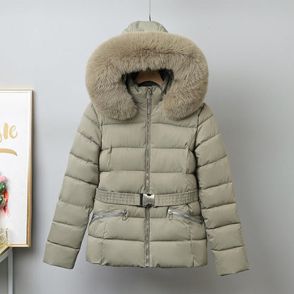 Women’s Puffer Coat – Quilted Insulated – Belted Fit – Removable Fur-Trimmed Hood