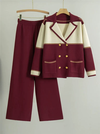 Women’s Two-Piece Suit – Knit Blazer and Wide-Leg Pants – Double-Breasted Fit