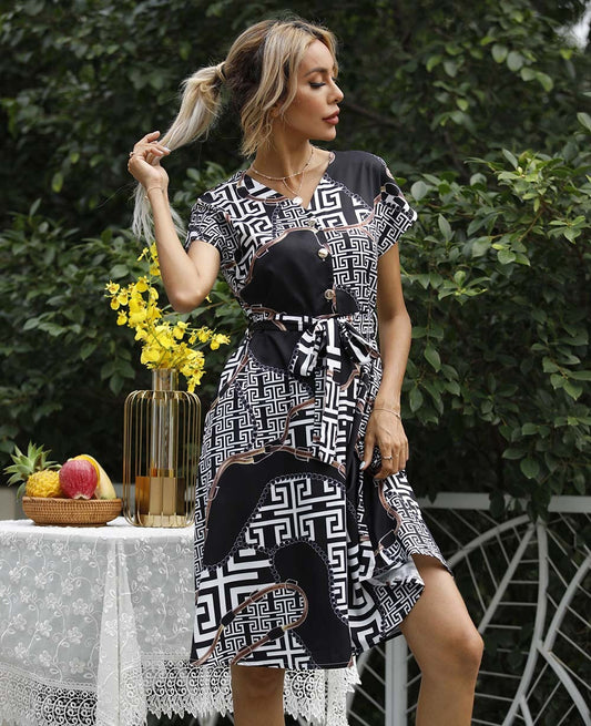 Geometric Print Cinched Waist Knee-Length Dress 