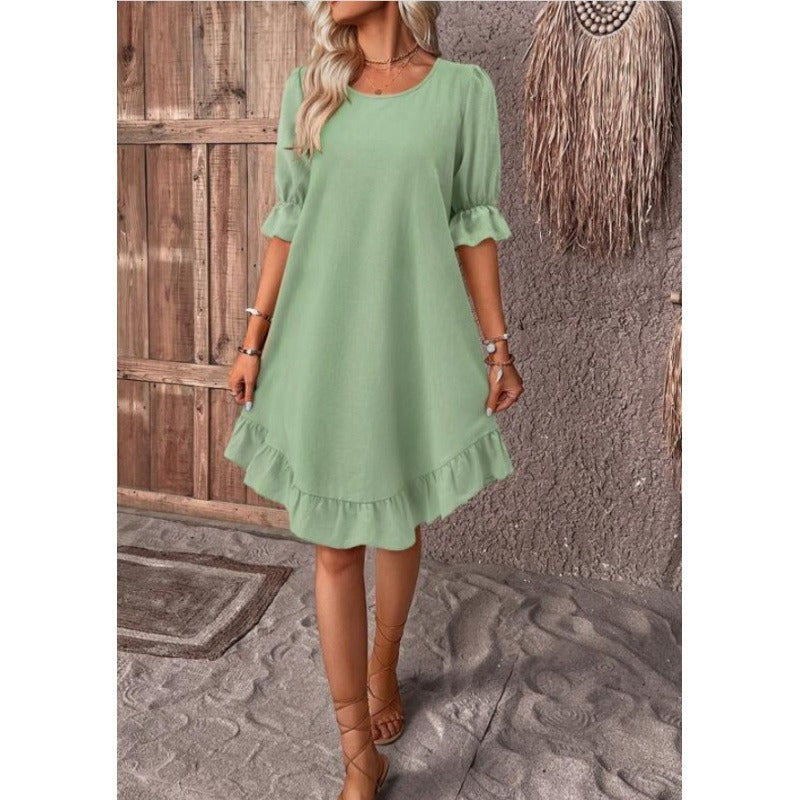 Linen Ruffle Trim A-Line Knee Length Dress 