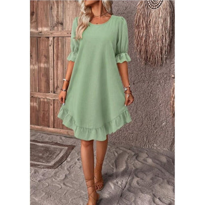 Women’s A-Line Dress – Cotton Linen – Knee Length – Ruffle Trim – Mid Sleeve