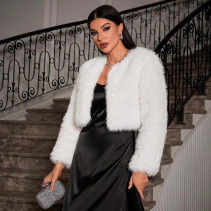 Women’s Coat - Faux Fur - Cropped Length - Collarless V-Neck - Open Front